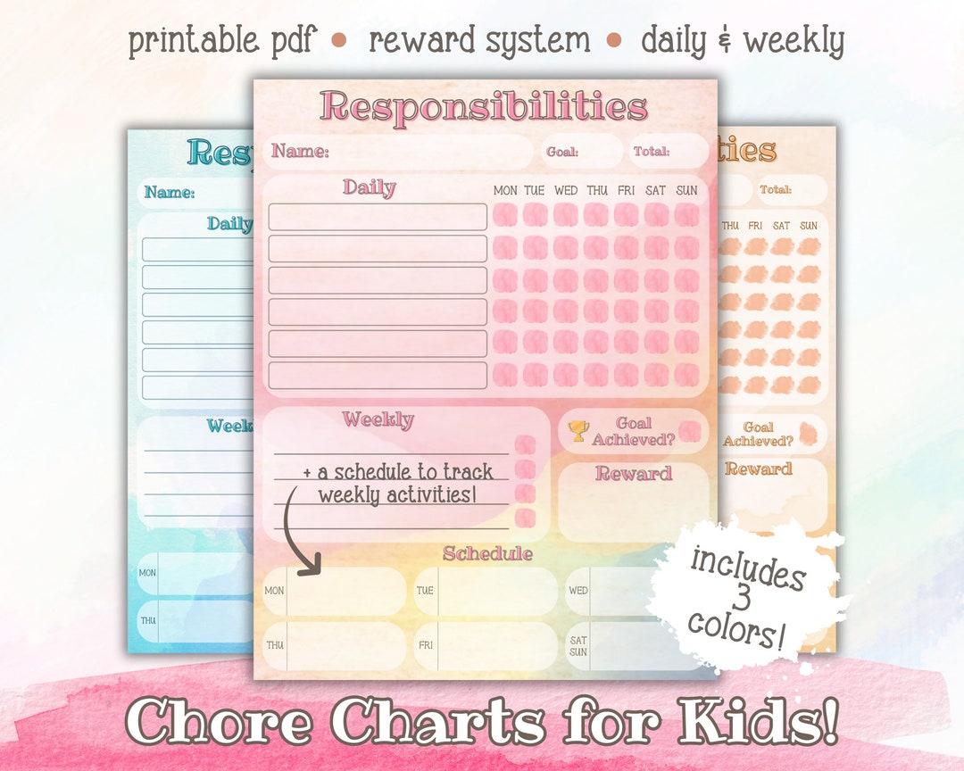 Kids Chore Chart Printable, Daily & Weekly, Reward System (digital ...
