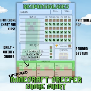 May include: Printable Minecraft Creeper chore chart for kids. The chart features a green creeper character and a grid for tracking daily and weekly chores. It includes a reward system and a schedule to track weekly activities.
