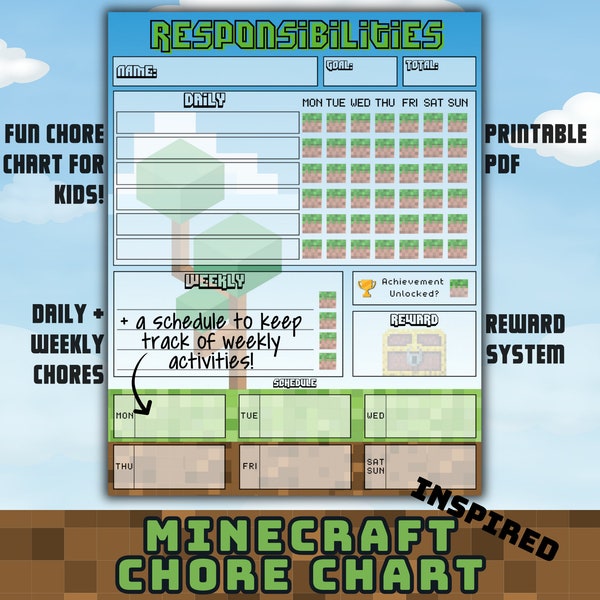 Printable MINECRAFT Chore Chart for Kids,Responsibility Chart for kids,Kids Reward Chart Minecraft,Kids Routine Chart,Daily Chore Chart