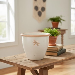 Rustik trollslända stengods kruka - krämglaserad terrakottakruka | Stor Cottage core trädgårdsdekor