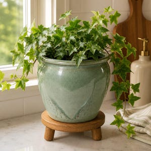May include: A lush green ivy plant grows in a round, light green ceramic pot with a subtle crackle glaze finish. The pot rests on a small, circular wooden stand featuring three short, sturdy legs, elevating the plant above the surface.