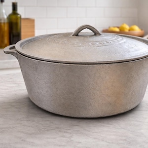 May include: A large, silver-colored cast iron Dutch oven with a lid. The pot has two side handles and a loop handle on the lid. The lid has a decorative embossed design. The pot is sitting on a marble countertop.