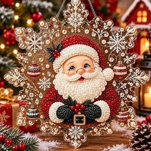 Pode incluir: Um enfeite de Natal decorativo em forma de floco de neve com uma figura central do Pai Natal. O design é adornado com pequenas contas e cristais, exibindo um gorro vermelho, barba branca e luvas pretas, incluindo detalhes de bolas pendentes.