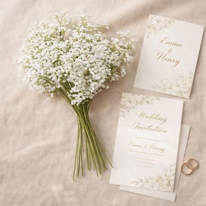 K&ouml;nnte beinhalten: Ein Strau&szlig; wei&szlig;er Schleierkrautbl&uuml;ten mit gr&uuml;nen Stielen, neben Hochzeitseinladungen und zwei goldenen Ringen. Die Einladungen haben Blumendesigns und die Namen "Emma & Henry" aufgedruckt.