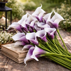 May include: A bouquet of calla lilies with white petals and purple centers, resting on a wooden surface. The flowers have long green stems and are arranged next to a stack of old books. The background features greenery and a decorative lantern.