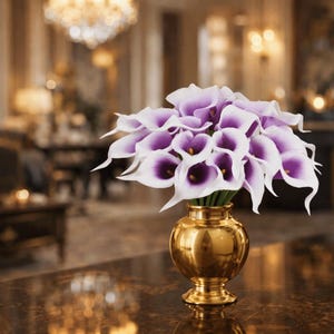May include: A bouquet of purple and white calla lilies in a gold-colored vase. The flowers have a deep purple center and white petals. The vase is round with a pedestal base, and the background is blurred.
