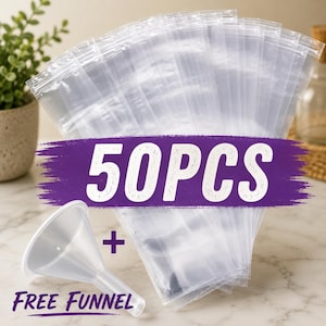 May include: A set of 50 clear plastic pouches with zipper-style closures, arranged in a fan shape. A small, translucent white plastic funnel is positioned in the lower left corner. The text 50PCS and FREE FUNNEL is overlaid in purple.