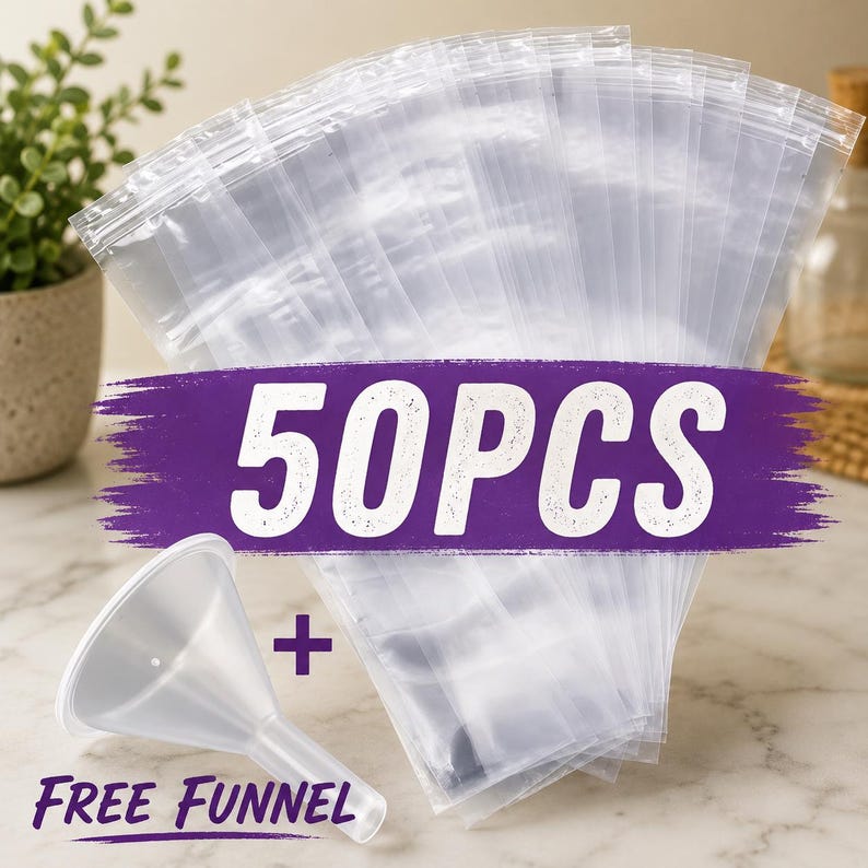 May include: A set of 50 clear plastic pouches with zipper-style closures, arranged in a fan shape. A small, translucent white plastic funnel is positioned in the lower left corner. The text 50PCS and FREE FUNNEL is overlaid in purple.
