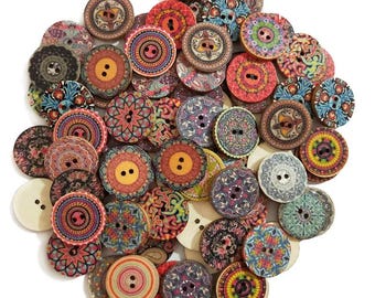 Bohemian Style Wooden Buttons | 2-Hole, Retro Sewing Supply (50 Pcs)