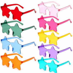 May include: A selection of star-shaped sunglasses in a range of colours: red, pink, green, blue, orange, yellow, purple, and teal. Each pair has matching frames and lenses, providing a fun and vibrant accessory.