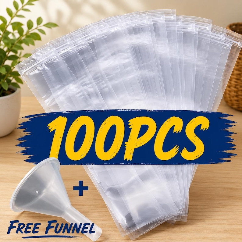May include: A set of 100 clear plastic pouches with zip-top closures, arranged in a fan shape. A single white plastic funnel is positioned in the lower left corner. The text 100PCS is displayed in large yellow font, and the text FREE FUNNEL is below.