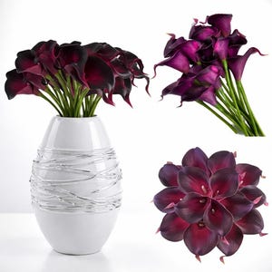 May include: A white vase with silver wire detailing holds a bouquet of dark purple calla lilies. Additional arrangements of the same flowers are shown, including a bundle and a close-up of the blooms.