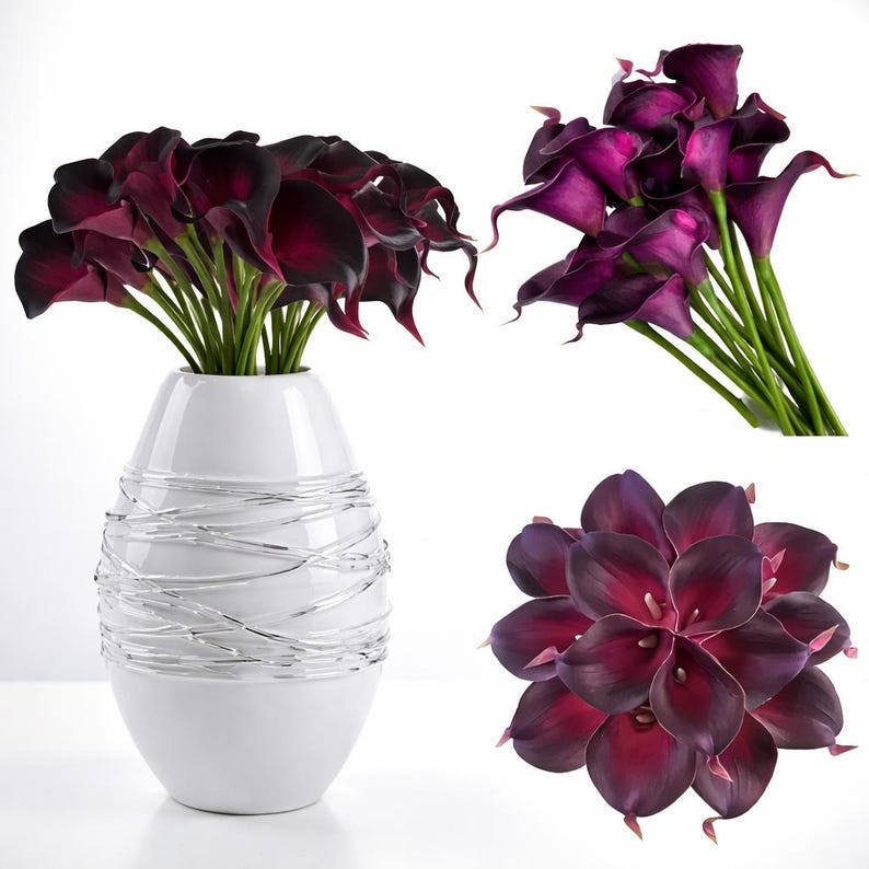 May include: A white vase with silver wire detailing holds a bouquet of dark purple calla lilies. Additional arrangements of the same flowers are shown, including a bundle and a close-up of the blooms.