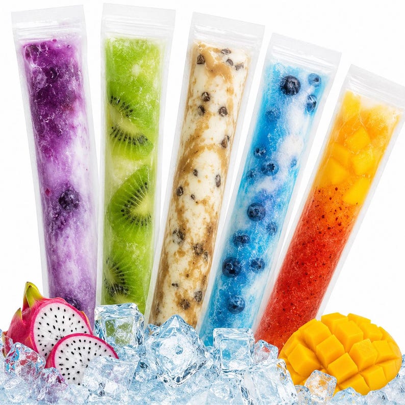 May include: Five clear plastic tubes filled with frozen fruit-based treats in purple, green, beige with dark specks, blue with whole blueberries, and orange with red gradients. Dragon fruit slices and a mango chunk sit on ice cubes below.