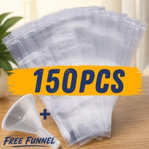 May include: A set of 150 clear plastic resealable pouches arranged in a fan shape, accompanied by a single white plastic funnel. The text 150PCS is displayed in large dark blue letters over a yellow horizontal brush stroke graphic.