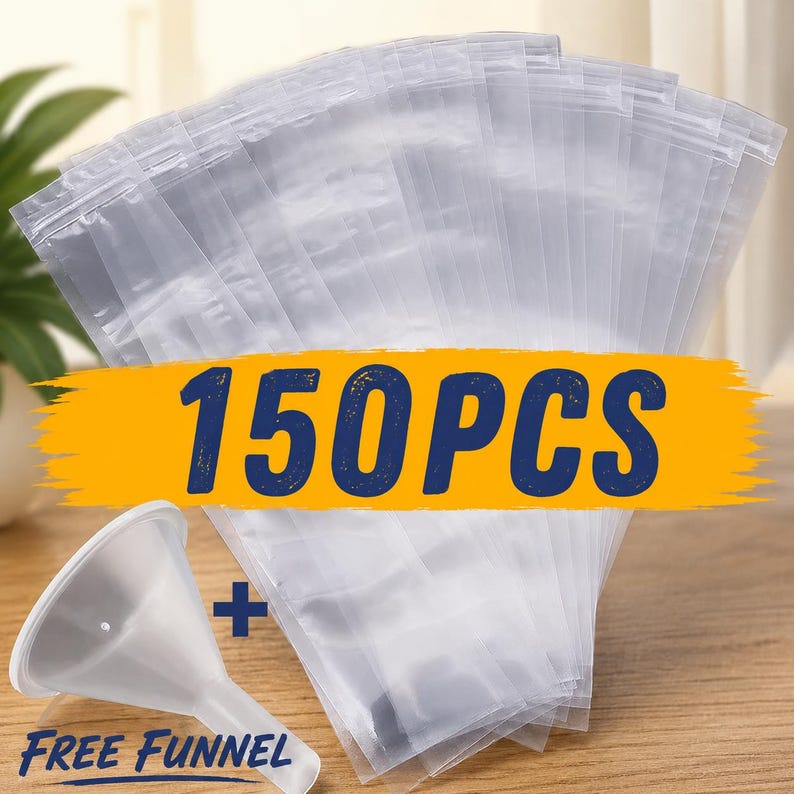 May include: A set of 150 clear plastic resealable pouches arranged in a fan shape, accompanied by a single white plastic funnel. The text 150PCS is displayed in large dark blue letters over a yellow horizontal brush stroke graphic.