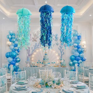 3PCS Blue Jellyfish Paper Lanterns - 10" Under the Sea Mermaid Party Decor Nautical Baby Shower Birthday Hanging Decorations image 2