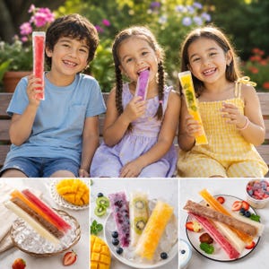 May include: A collection of colorful ice pops in clear plastic tubes, featuring various fruit flavors like strawberry, mango, kiwi, and blueberry, presented both as handheld treats and arranged on plates with ice and fresh fruit slices.