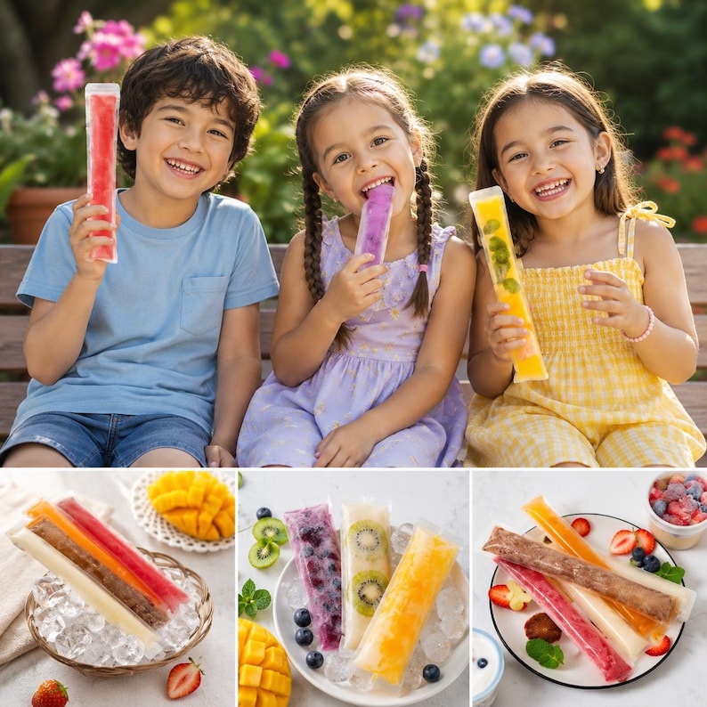 May include: A collection of colorful ice pops in clear plastic tubes, featuring various fruit flavors like strawberry, mango, kiwi, and blueberry, presented both as handheld treats and arranged on plates with ice and fresh fruit slices.