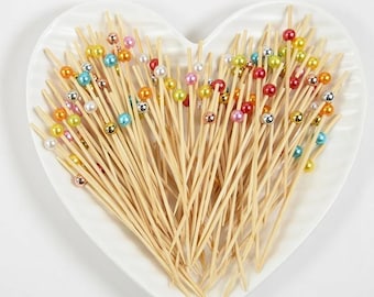 100pcs Pearl Bamboo Fruit Sticks | Vegetable Cake Dessert Skewers for Party Decor | Christmas Cocktail Bamboo Toothpicks