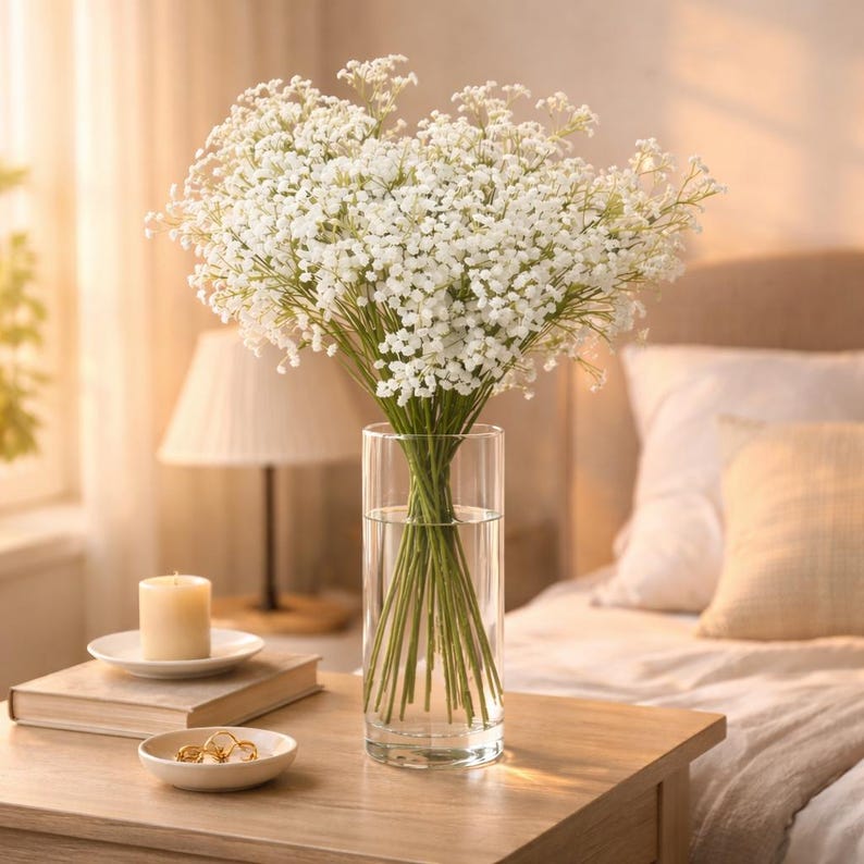 K&ouml;nnte beinhalten: Ein Strau&szlig; wei&szlig;er Schleierkrautbl&uuml;ten in einer durchsichtigen Glasvase. Die Vase steht auf einem Holztisch neben einer brennenden Kerze, einer kleinen Schale mit Ringen und einem Buch. Im Hintergrund befinden sich eine Lampe und ein Bett.