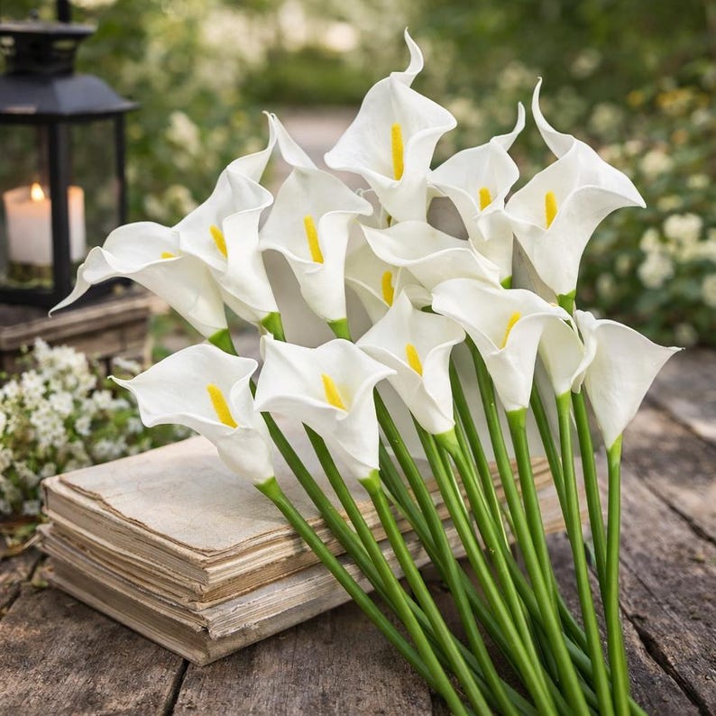 May include: A bouquet of white calla lilies with yellow centers and green stems rests on a weathered wooden surface. An old book and a lit candle in a black lantern are in the background, creating a serene, natural scene.
