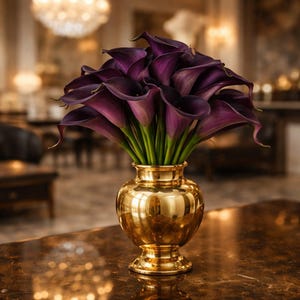 May include: A golden vase filled with dark purple calla lilies. The vase has a shiny, reflective surface and a classic shape. The flowers have a deep, rich color and are arranged in a full, elegant display. The background is blurred, suggesting an indoor setting.