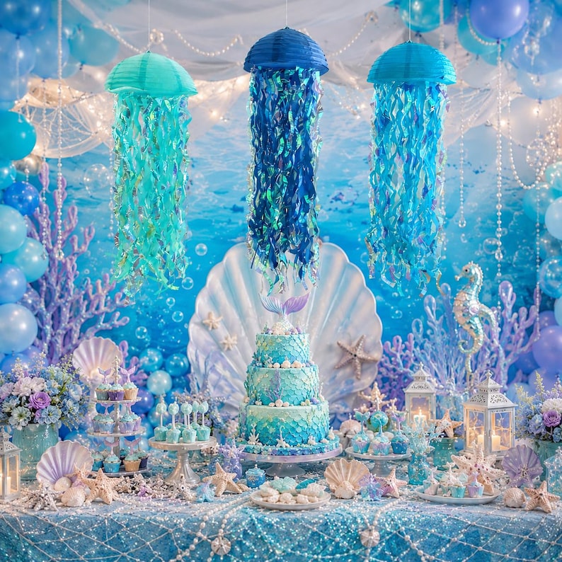 May include: Three hanging jellyfish decorations in shades of teal, dark blue, and light blue, featuring long iridescent ribbons. Below, a three-tiered cake with blue scale patterns sits on a table decorated with seashells, lanterns, and flowers.