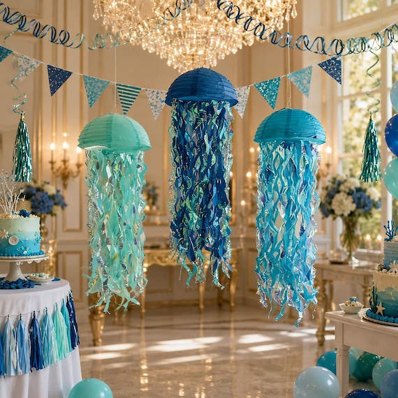 3PCS Blue Jellyfish Paper Lanterns - 10" Under the Sea Mermaid Party Decor Nautical Baby Shower Birthday Hanging Decorations
