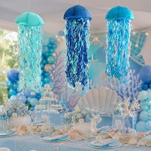 3PCS Blue Jellyfish Paper Lanterns - 10" Under the Sea Mermaid Party Decor Nautical Baby Shower Birthday Hanging Decorations image 5