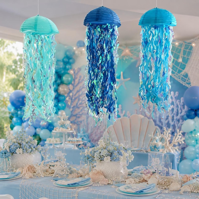 3PCS Blue Jellyfish Paper Lanterns - 10" Under the Sea Mermaid Party Decor Nautical Baby Shower Birthday Hanging Decorations image 5