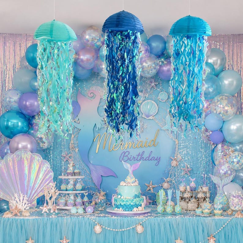May include: A mermaid-themed birthday party display featuring three hanging jellyfish decorations in teal and blue, a tiered cake, and a backdrop with the text Mermaid Birthday, surrounded by blue, purple, and iridescent balloons and streamers.