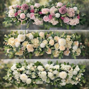 Könnte beinhalten: Drei Blumenarrangements mit einer Vielzahl von Blumen in verschiedenen Farbpaletten. Das obere Arrangement hat rosa und lila Blumen mit grünem Laub. Das mittlere Arrangement hat cremefarbene und gelbe Blumen. Das untere Arrangement hat weiße Blumen.