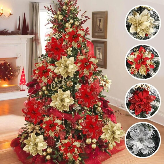 Arborus 8 stuks kerststerren kerstversiering 21 cm glitter kerst kerstster kunstbloemen stengel champagne kerstboomdecoraties kunstmatige kerstbloemen voor kerstslinger krans decor