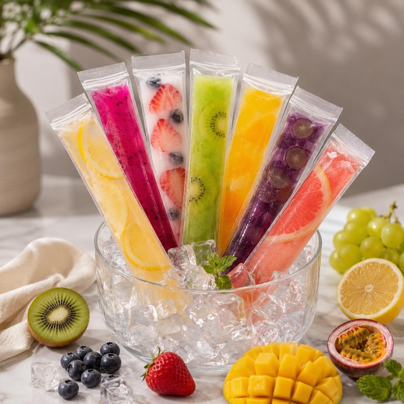 May include: Seven clear plastic tubes filled with colorful fruit-infused ice pops, arranged in a fan shape inside a glass bowl filled with ice cubes. The pops contain visible slices of lemon, dragon fruit, strawberry, kiwi, orange, grape, and grapefruit.