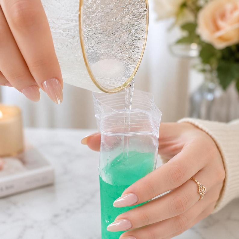 May include: A clear textured glass with a gold rim pouring clear liquid into a transparent plastic pouch containing a vibrant green gel substance. The pouch features a resealable top closure and is held upright during the pouring process.