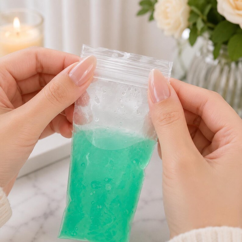 May include: A clear, rectangular plastic pouch with a resealable zipper top closure, filled with a vibrant green viscous gel substance. The pouch is flexible and transparent, allowing the bright green liquid contents to be clearly visible.