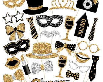 May include: A set of 20 gold and black glitter photo booth props, including a top hat, masks, glasses, lips, mustaches, bow ties, a crown, a champagne glass, a 'drunk' sign, and the word 'cheers'.