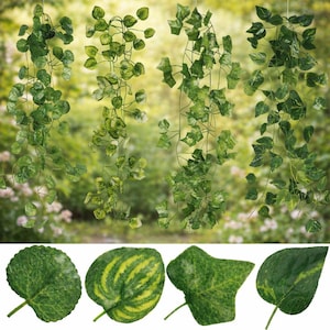 May include: Artificial hanging vines with diverse leaf shapes and patterns. The leaves are mainly green with yellow variegation, offering a natural look. The vines hang against a blurred green backdrop, implying an outdoor environment.