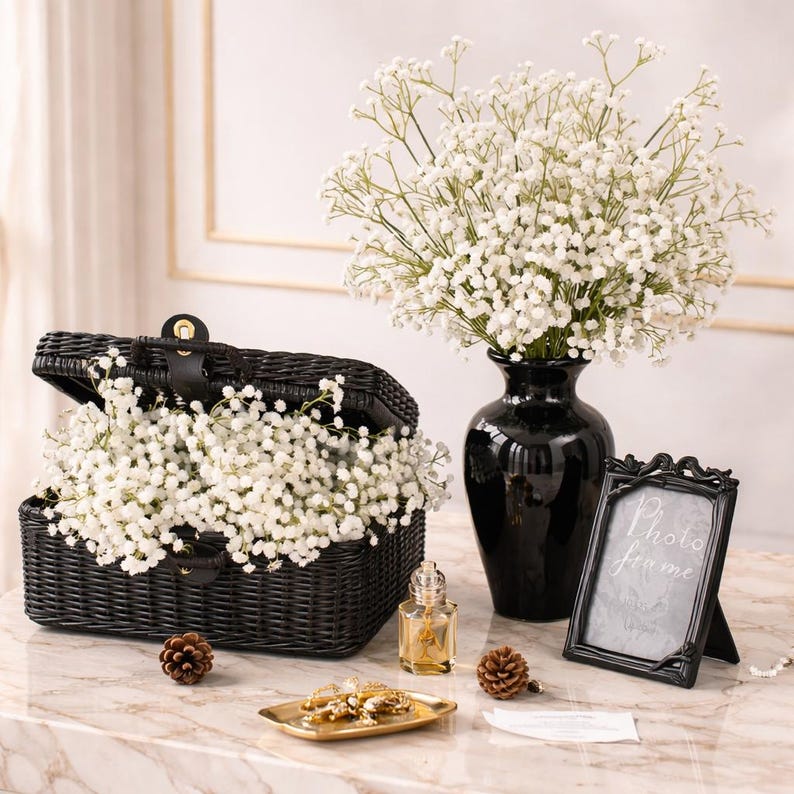 K&ouml;nnte beinhalten: Ein Stillleben mit einem schwarzen Weidenkorb voller wei&szlig;er Blumen, einer schwarzen Vase mit wei&szlig;en Blumen und einem schwarzen Fotorahmen. Ein kleines goldenes Tablett enth&auml;lt Schmuck, und eine Parf&uuml;mflasche ist ebenfalls vorhanden.