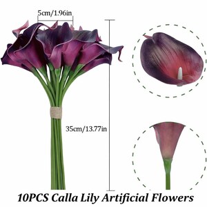 May include: A bouquet of 10 artificial calla lilies. The flowers are a deep purple with green stems, tied with twine. The bouquet is 13.77 inches tall and 1.96 inches wide. The text at the bottom reads "10PCS Calla Lily Artificial Flowers."