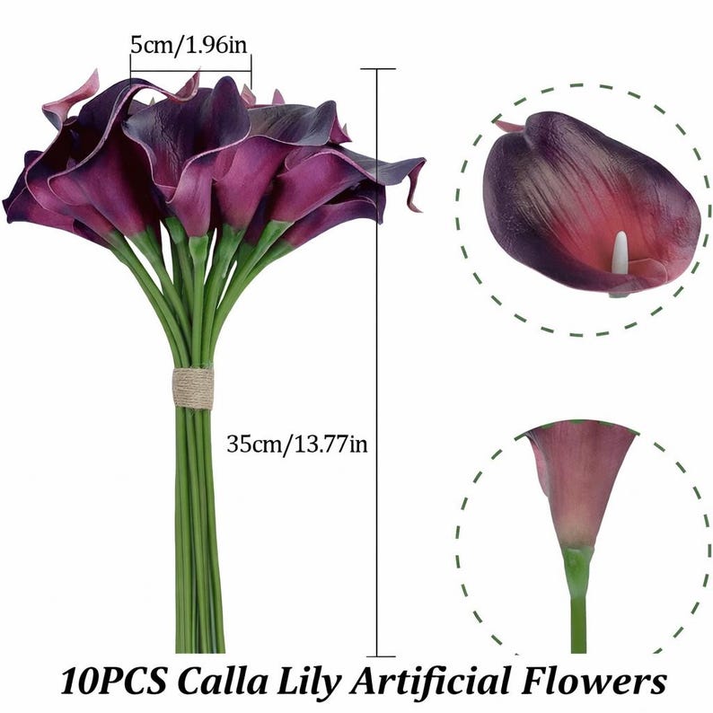 May include: A bouquet of 10 artificial calla lilies. The flowers are a deep purple with green stems, tied with twine. The bouquet is 13.77 inches tall and 1.96 inches wide. The text at the bottom reads "10PCS Calla Lily Artificial Flowers."