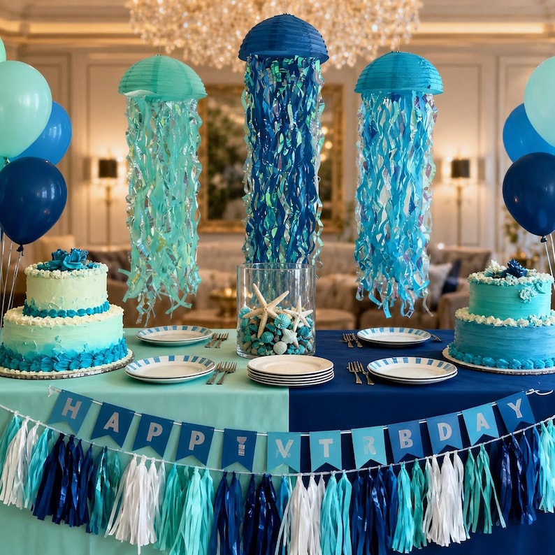 May include: A party table setup featuring two tiered cakes in shades of blue and teal, three hanging jellyfish-shaped paper lanterns with iridescent streamers, a glass vase filled with starfish, white plates, and a Happy Birthday banner with tassels.