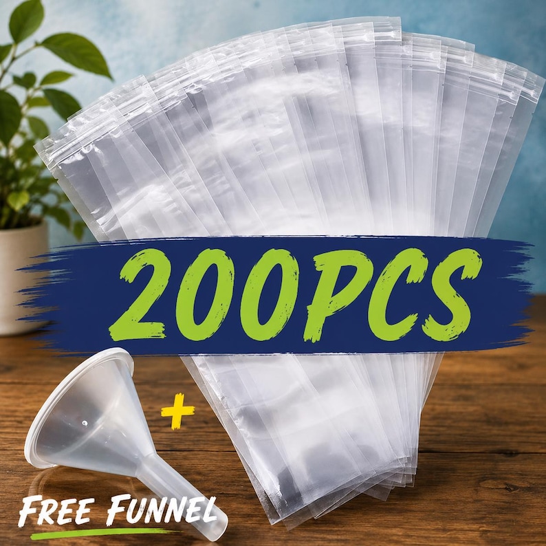 May include: A set of 200 clear plastic resealable bags arranged in a fan shape, accompanied by a single translucent plastic funnel. The image features the text 200PCS in large green letters on a dark blue brush stroke and FREE FUNNEL below.