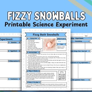 May include: Printable science experiment worksheet for making fizzy bath snowballs. The worksheet includes sections for a question, hypothesis, observations, conclusions, materials, instructions, why it works, and take it further. The worksheet also includes a section for recording time, measurements, and vocabulary. The worksheet is decorated with a blue and white snowflake pattern.