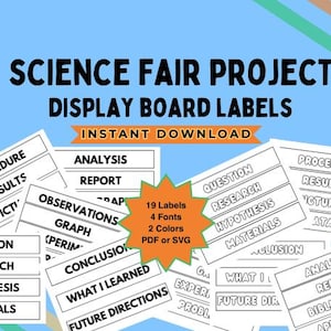 May include: A set of 19 printable science fair project display board labels. The labels are black text on a white background. The labels include: Question, Research, Hypothesis, Materials, Procedure, Results, Pictures, Data, Analysis, Report, Observations, Graph, Conclusion, What I Learned, and Future Directions.