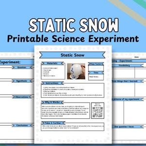 May include: A printable science experiment worksheet for kids to learn about static electricity. The worksheet includes a title, materials list, instructions, a section to record observations, and a section to write conclusions. The worksheet also includes a fun fact about static electricity and a QR code.