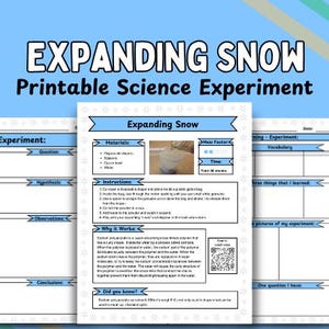 May include: A printable science experiment worksheet for kids to learn about expanding snow. The worksheet includes sections for the experiment's question, hypothesis, observations, conclusions, and materials needed. It also includes a section for students to write down three things they learned and one question they have. The worksheet features a picture of a clear plastic cup with white powder inside.