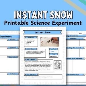 Op de afbeelding: Printbare werkbladen voor een wetenschappelijk experiment voor kinderen om instant sneeuw te leren kennen. De werkbladen bevatten secties over de vraag, hypothese, observaties, conclusies, materiaallijst, instructies, hoe het werkt en verder gaan. De werkbladen bevatten ook een QR-code.