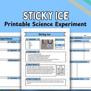 May include: A printable science experiment worksheet for kids to learn about sticky ice. The worksheet includes a question, hypothesis, observations, conclusions, materials list, instructions, and an explanation of why it works. It also includes a section for kids to take it further and ask their own questions.